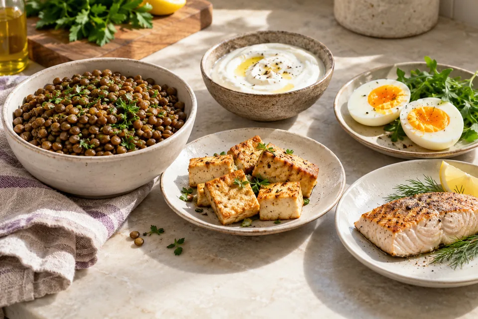Разные продукты на кухонном столе