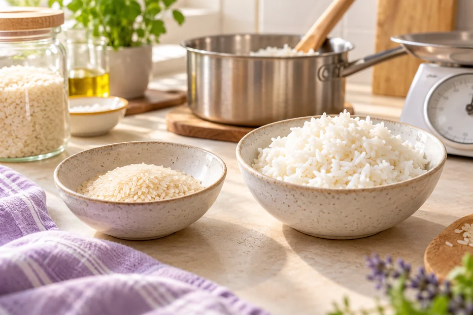 Сухая крупа и приготовленная порция рядом с кухонными весами