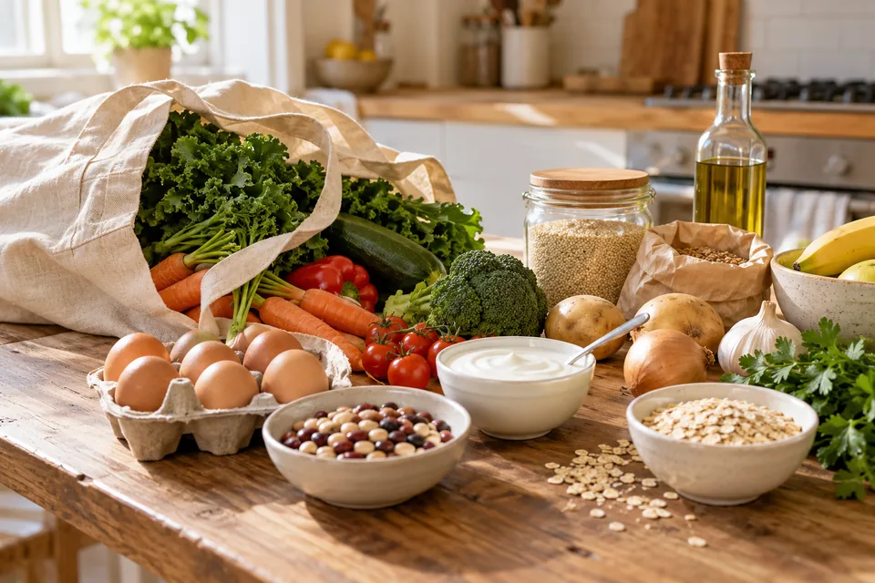 Обычные продукты рядом с сумкой для покупок