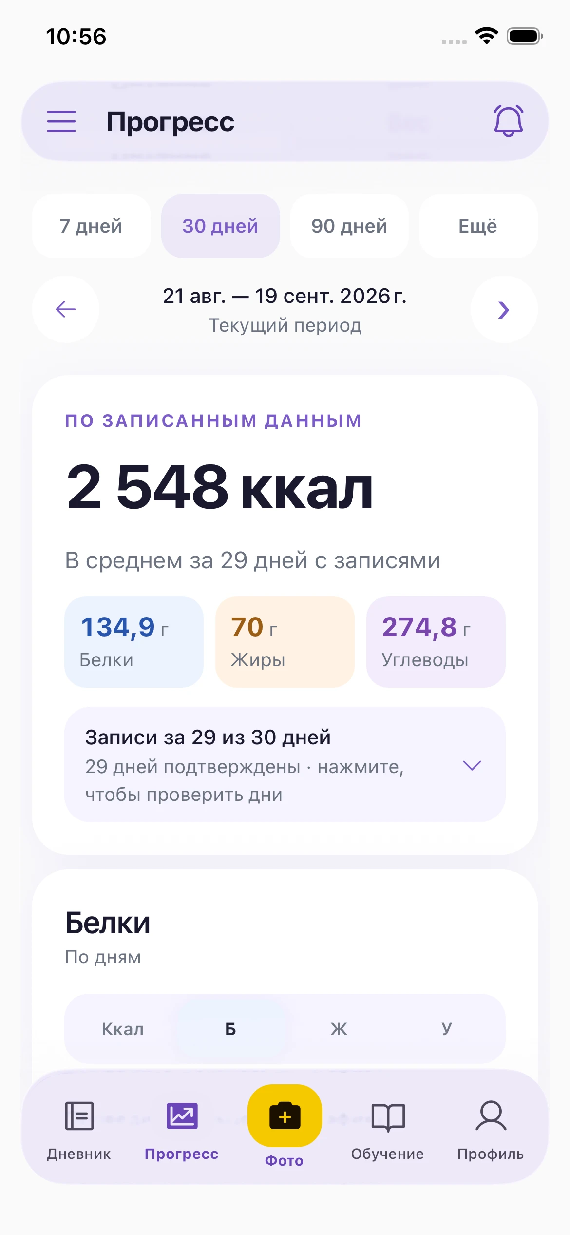 Экран прогресса со средними калориями и БЖУ за 30 дней