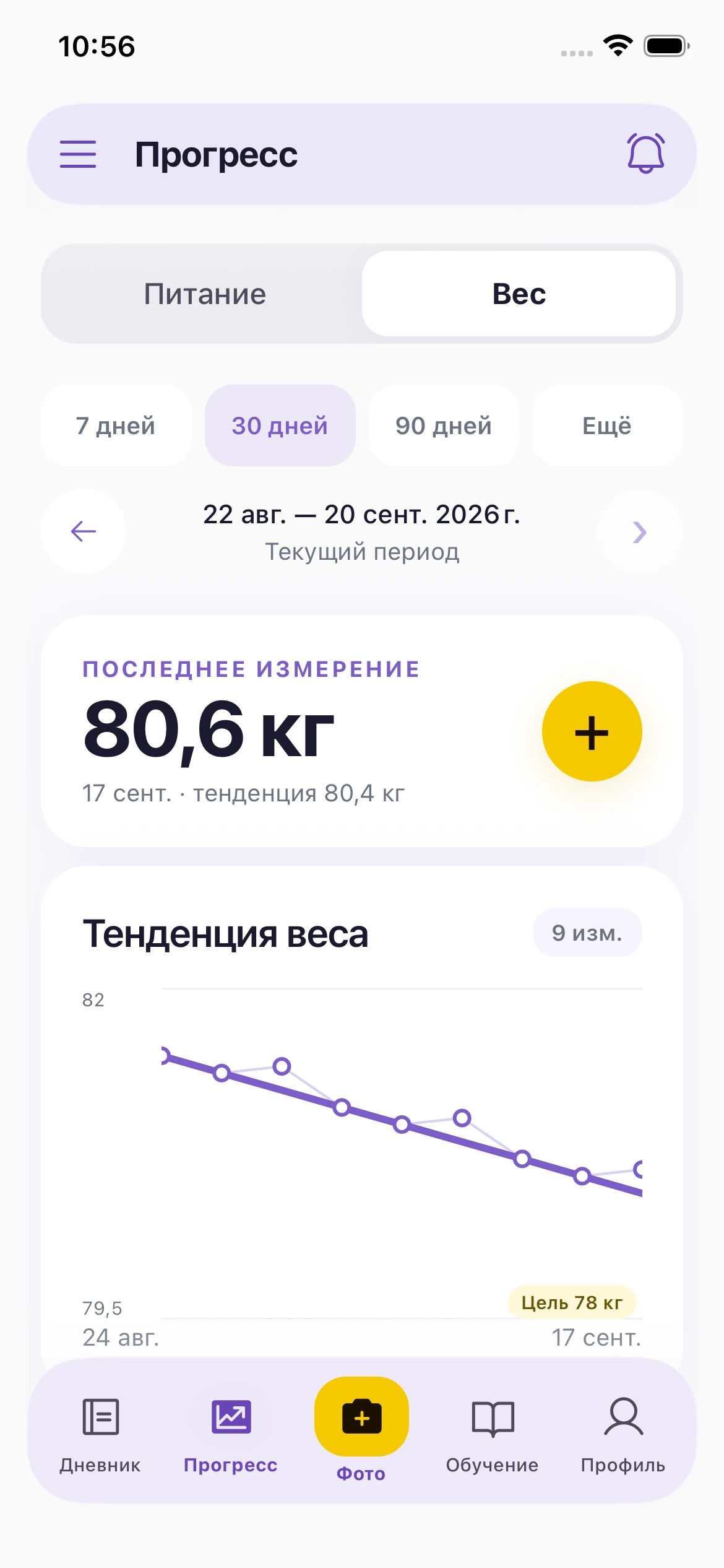 Экран прогресса с тенденцией веса за 30 дней